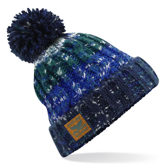 We love this knitted beanie hat topped with a fluffy pom pom. Knitted in shades of blue and green, the colours are reminiscent of the ocean depths and compliment the Waves and Wild Water brand perfectly. The wide fold up cuff makes this hat a great companion for sea swimming adventurers.