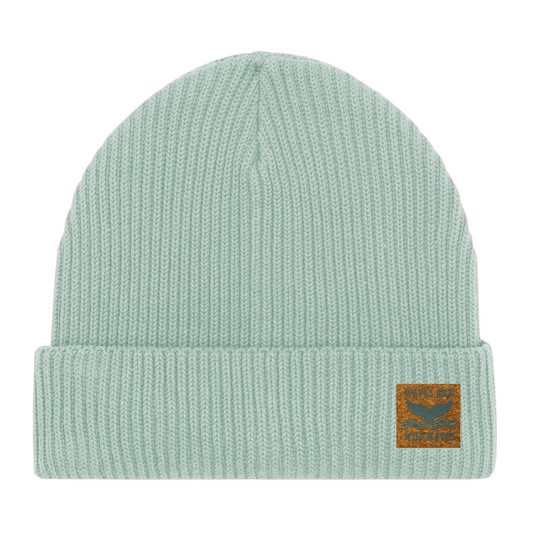 Sea Glass green fisherman beanie hat with vegan cork 'leather' label. This bestselling hat is loved by wild swimmers, sea dippers, and the cold water community.