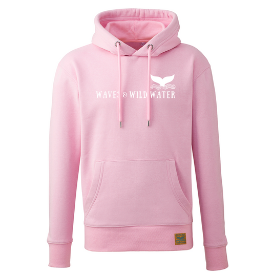 This is a gorgeous pink hoodie from our Beach Hut Hoodies collection. It has a same colour inner hood and draw cord, and has the Waves and Wild Water name and whale tail logo printed across the front in white chemical free ink. Inspired by the British coast and perfect for warming up after a dip in the sea.