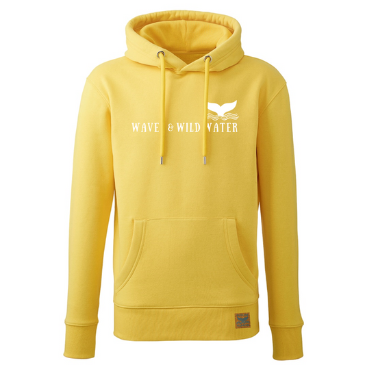 We love to be seen in our bright yellow hoodie from our Beach Hut Hoodies collection. The yellow hoodie contrasts beautifully with the crisp white hand printed Waves and Wild Water logo across the front. We like to wear ours after a cold water plunge or a dip in the sea.