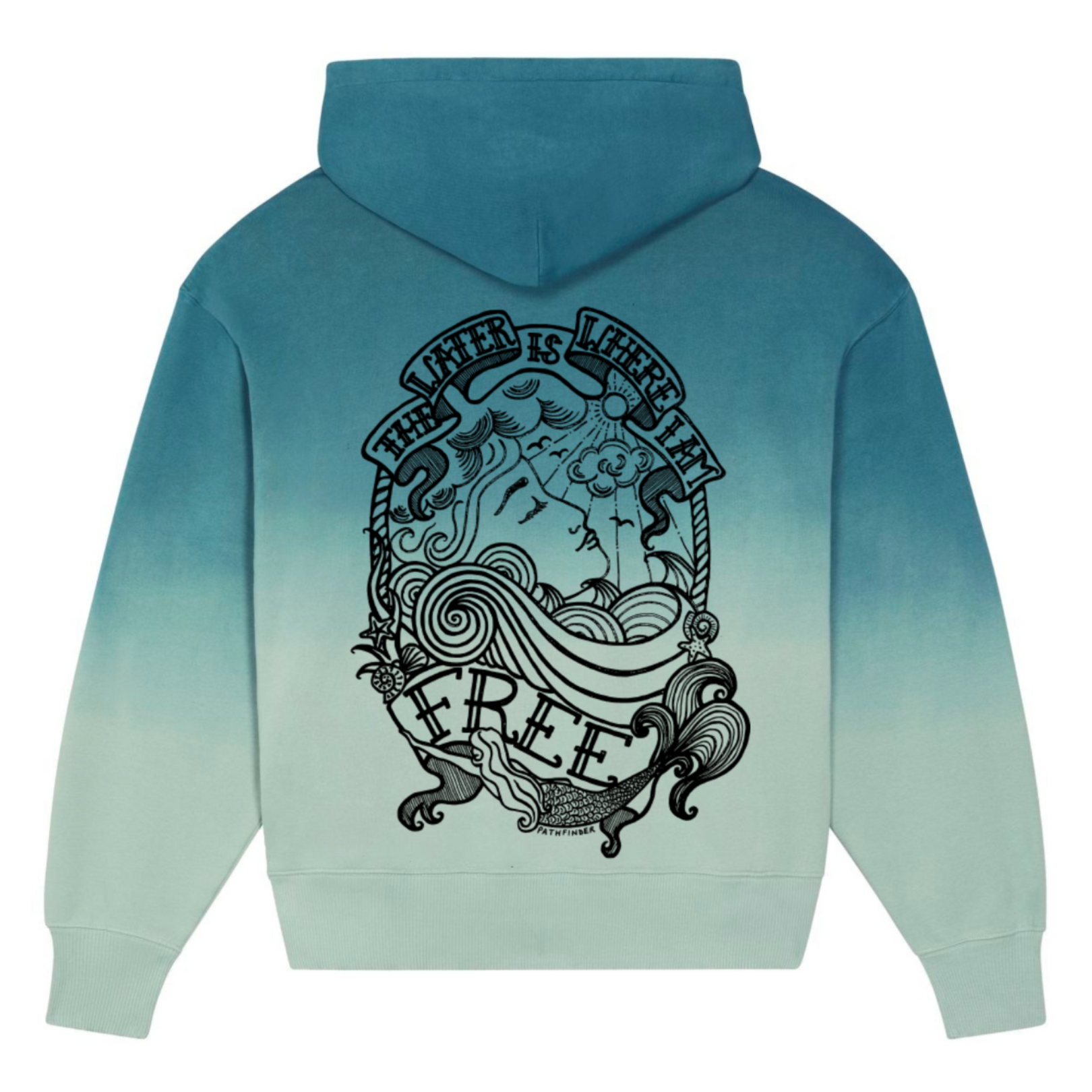 A hoodie in shades of blue, with a print of a woman's face, surrounded by the words 'The water is where I am free' and a mermaid.