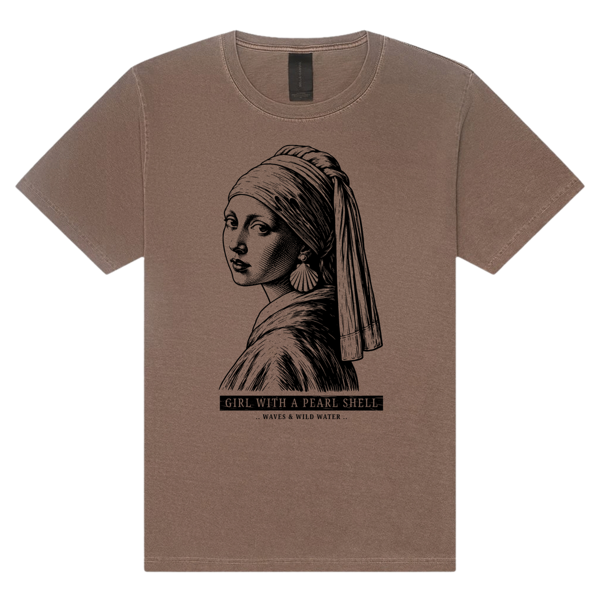 Girl with a Pearl Shell washed cotton t-shirt in Driftwood, featuring a black hand screen-printed portrait with a shell earring inspired by Vermeer's Girl with a Pearl Earring. Designed and printed by Waves & Wild Water, South Wales.