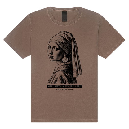 Girl with a Pearl Shell washed cotton t-shirt in Driftwood, featuring a black hand screen-printed portrait with a shell earring inspired by Vermeer's Girl with a Pearl Earring. Designed and printed by Waves & Wild Water, South Wales.
