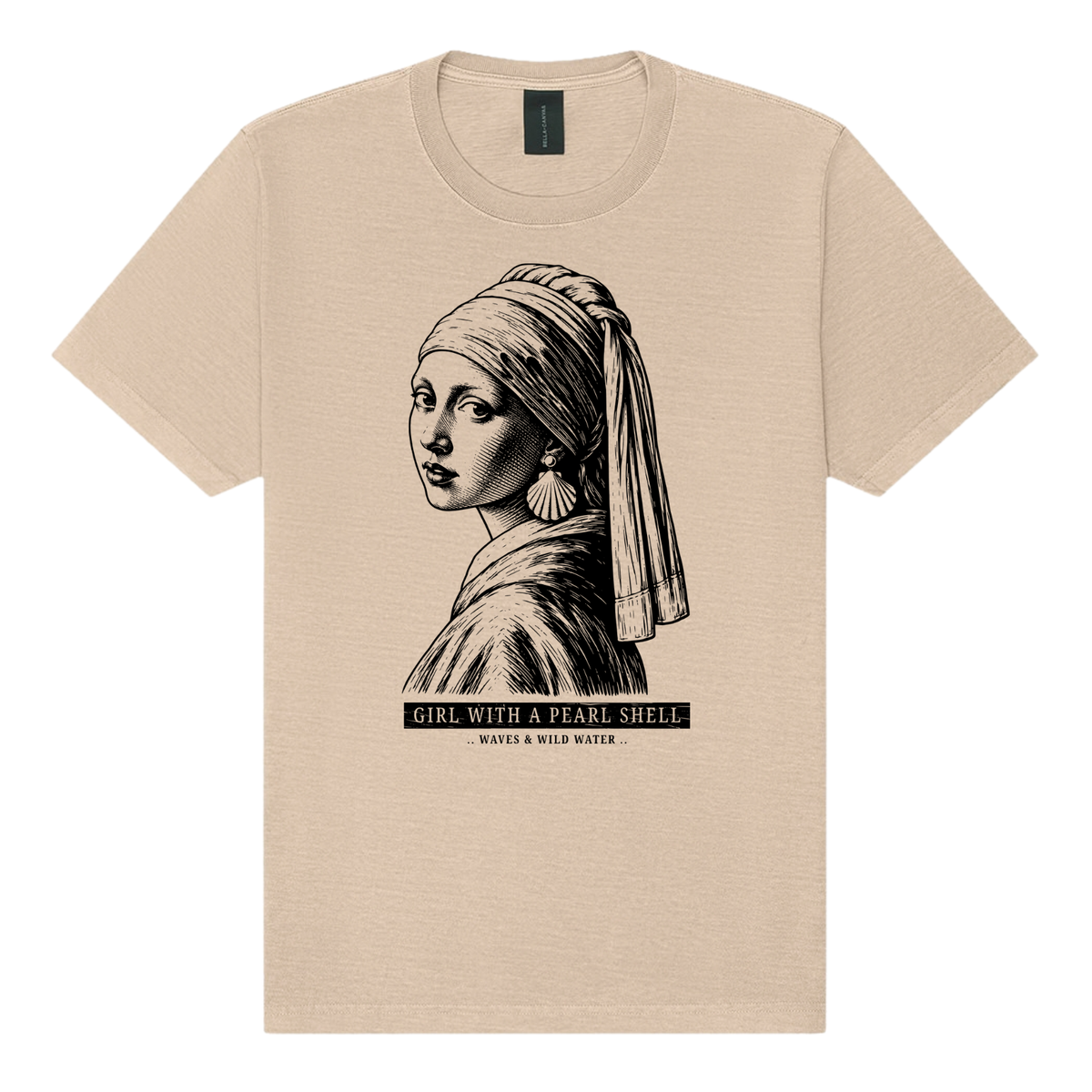 Girl with a Pearl Shell washed cotton t-shirt in Oyster Shell, featuring a black hand screen-printed portrait with a shell earring inspired by Vermeer's Girl with a Pearl Earring. Designed and printed by Waves & Wild Water, South Wales.