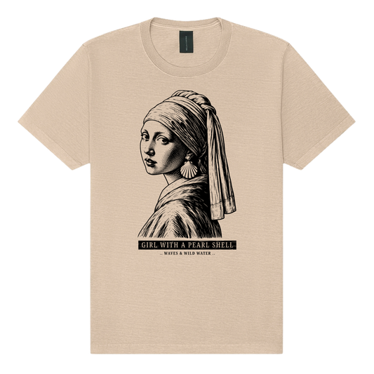 Girl with a Pearl Shell washed cotton t-shirt in Oyster Shell, featuring a black hand screen-printed portrait with a shell earring inspired by Vermeer's Girl with a Pearl Earring. Designed and printed by Waves & Wild Water, South Wales.