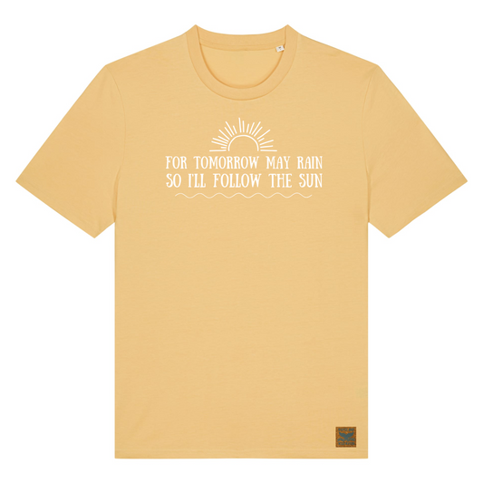 Pale gold t-shirt with white text print and white sun image on the front