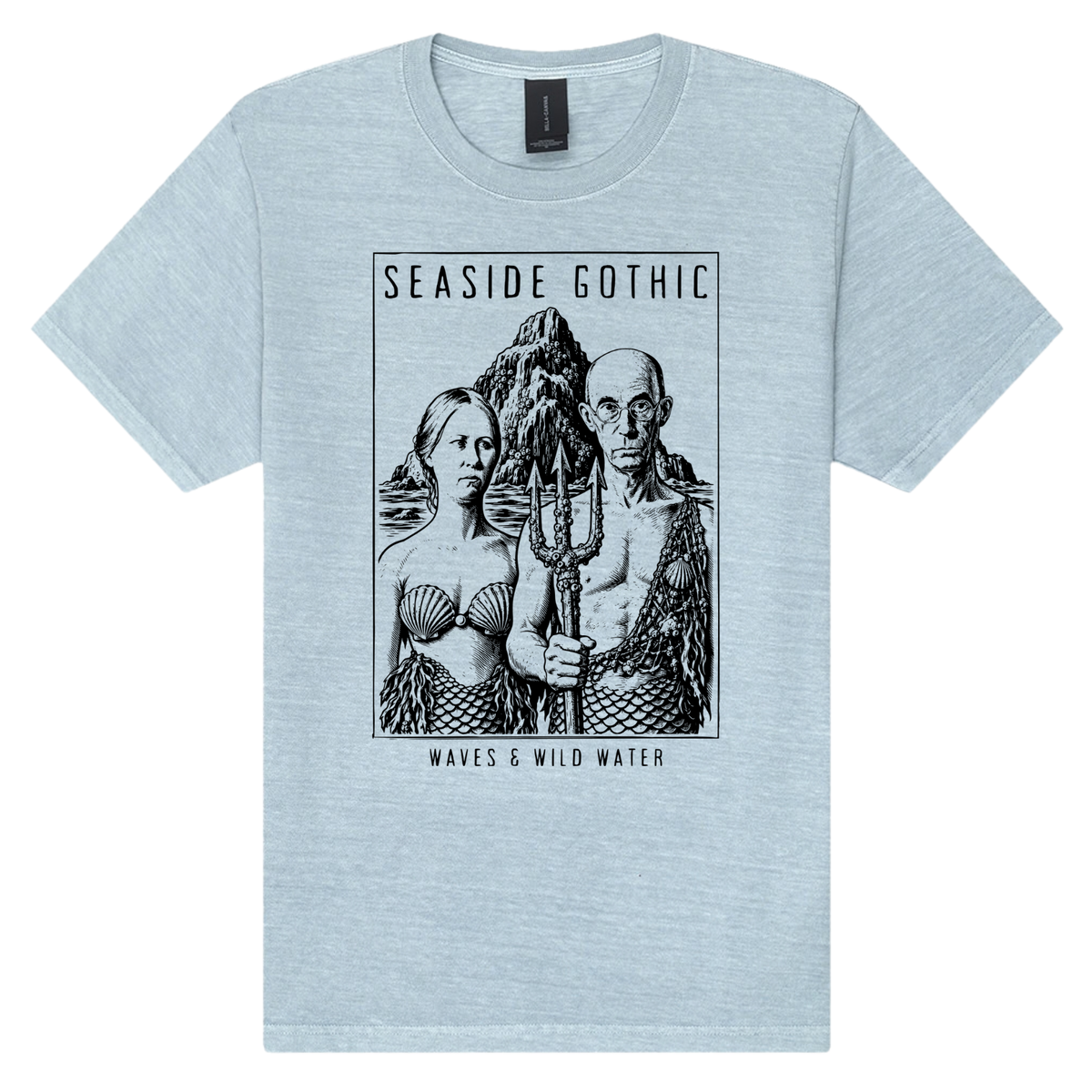 Seaside Gothic washed cotton t-shirt in pale blue Washed Ashore, featuring a black hand screen-printed sea couple with mermaid tails and trident, inspired by Grant Wood's American Gothic. Hand screen printed using vegan, water based inks. Exclusively designed by Waves & Wild Water, South Wales.