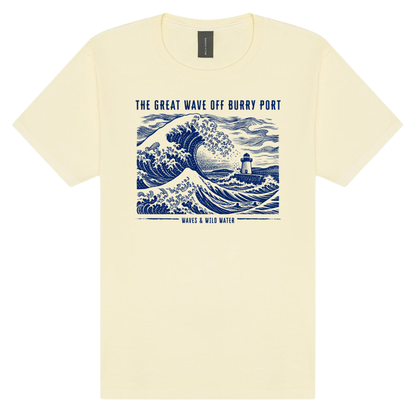 The Great Wave off Burry Port washed cotton t-shirt in Sunlit Shore, featuring a deep blue hand screen-printed great wave, swimmers and Burry Port lighthouse - inspired by Hokusai. Designed and hand printed by Waves & Wild Water, based in South Wales.