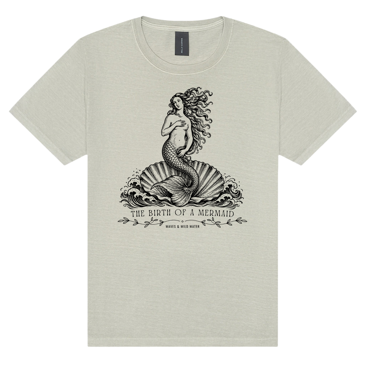The Birth of a Mermaid washed cotton t-shirt in Seashell, featuring a black hand screen-printed mermaid on a shell inspired by Botticelli's The Birth of Venus. Exclusive to Waves & Wild Water and hand printed in South Wales.
