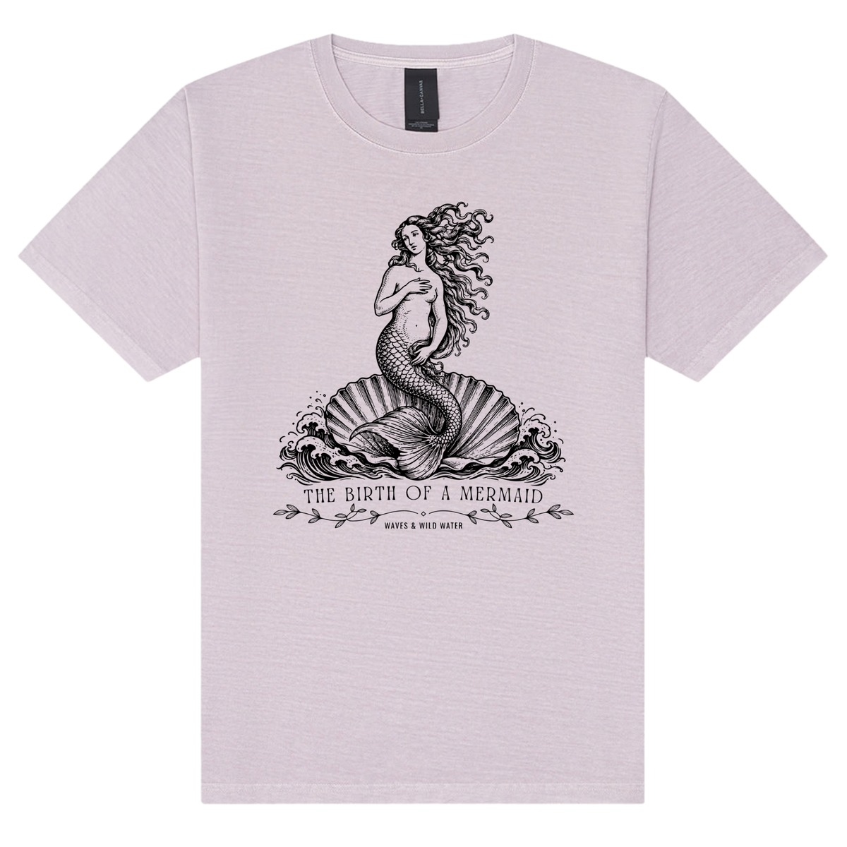 The Birth of a Mermaid washed cotton t-shirt in Sea Lavender, featuring a black hand screen-printed mermaid on a shell inspired by Botticelli's The Birth of Venus. Exclusive to Waves & Wild Water and hand printed in South Wales.