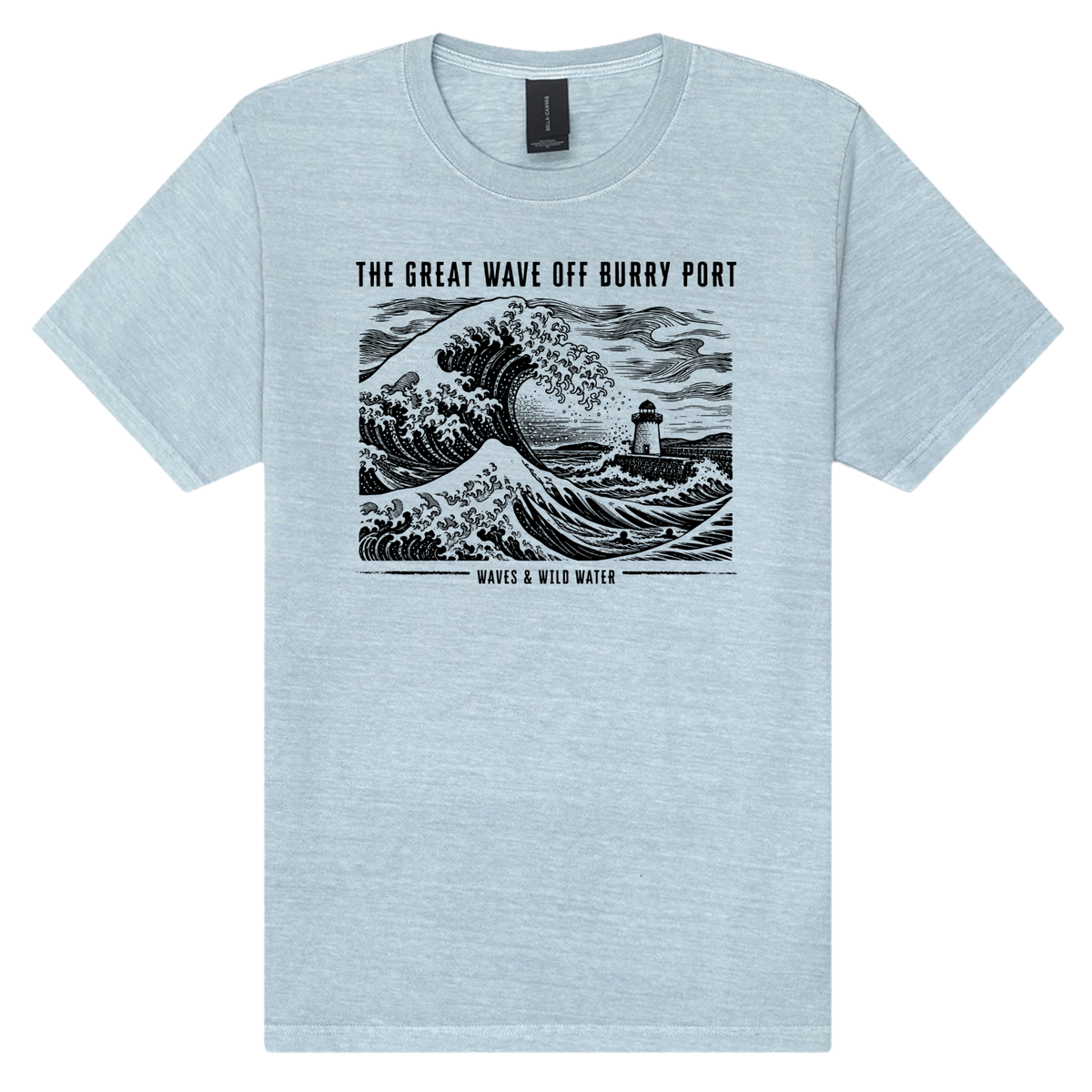 The Great Wave off Burry Port washed cotton t-shirt in Sea Spray blue, featuring a black hand screen-printed great wave, swimmers and Burry Port lighthouse - inspired by Hokusai. Designed and hand printed by Waves & Wild Water, based in South Wales.