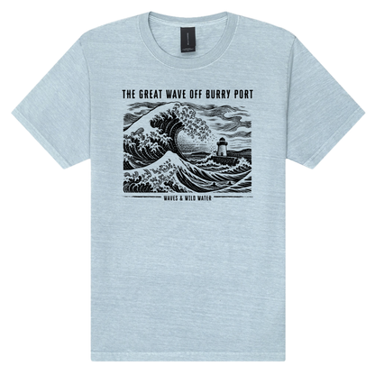 The Great Wave off Burry Port washed cotton t-shirt in Sea Spray blue, featuring a black hand screen-printed great wave, swimmers and Burry Port lighthouse - inspired by Hokusai. Designed and hand printed by Waves & Wild Water, based in South Wales.