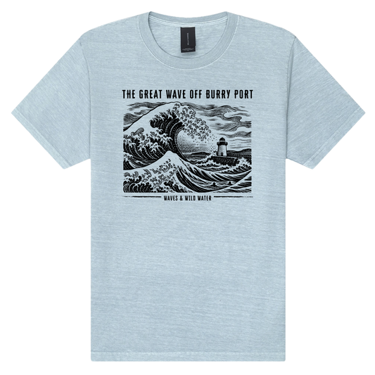 The Great Wave off Burry Port washed cotton t-shirt in Sea Spray blue, featuring a black hand screen-printed great wave, swimmers and Burry Port lighthouse - inspired by Hokusai. Designed and hand printed by Waves & Wild Water, based in South Wales.