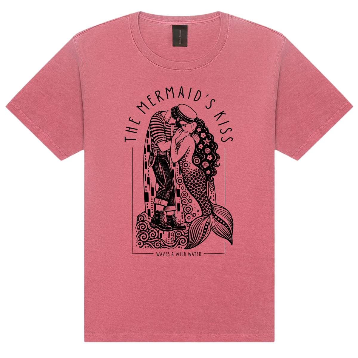 The Mermaid's Kiss washed cotton t-shirt in Faded Rose, featuring a black hand screen-printed sailor and mermaid embracing, inspired by Klimt's The Kiss. Exclusive to Waves & Wild Water. Hand printed in South Wales by a small veteran owned business.