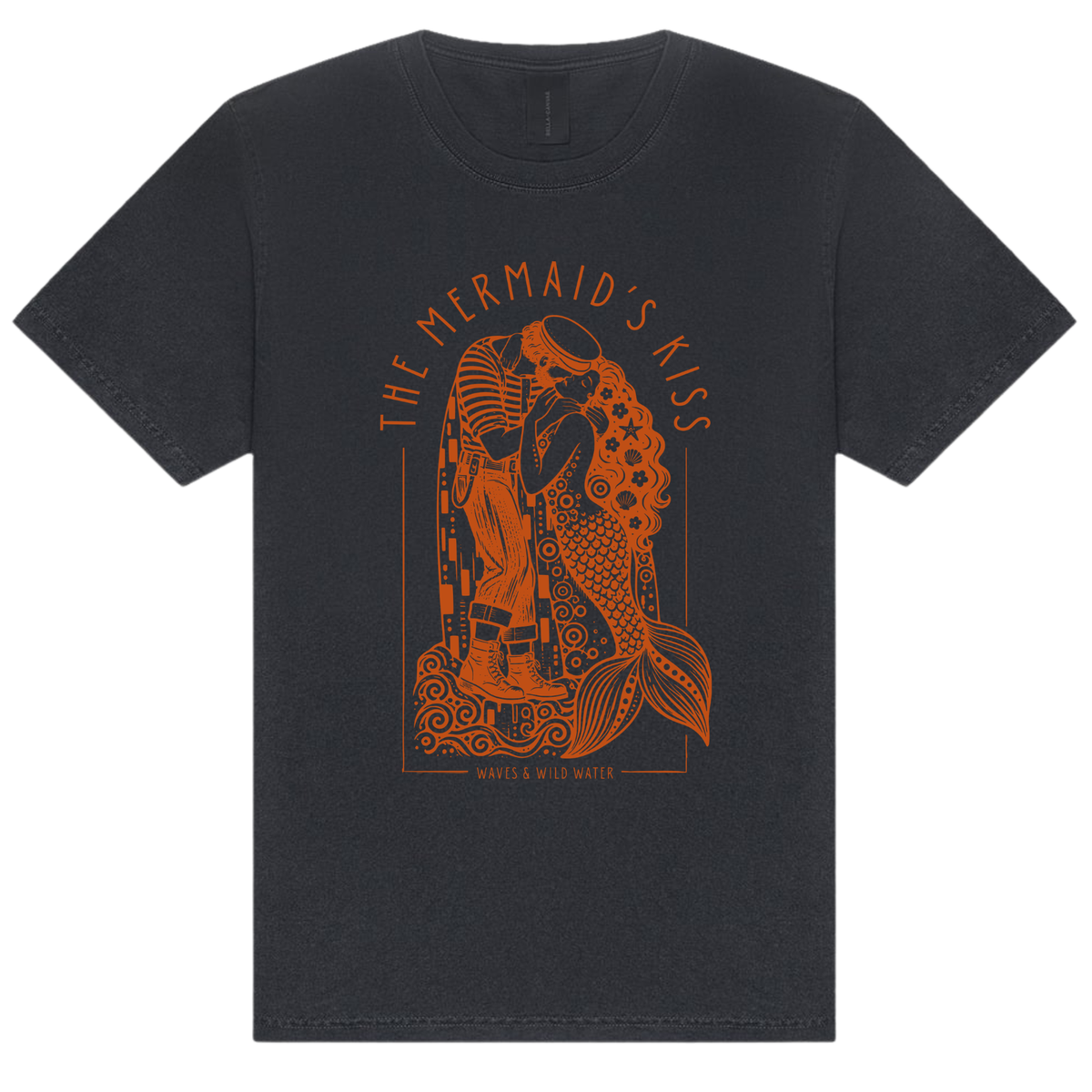 The Mermaid's Kiss washed black cotton t-shirt in After Dark, featuring a metallic copper hand screen-printed sailor and mermaid embracing, inspired by Klimt's The Kiss. Exclusively designed and printed by Waves & Wild Water in South Wales.