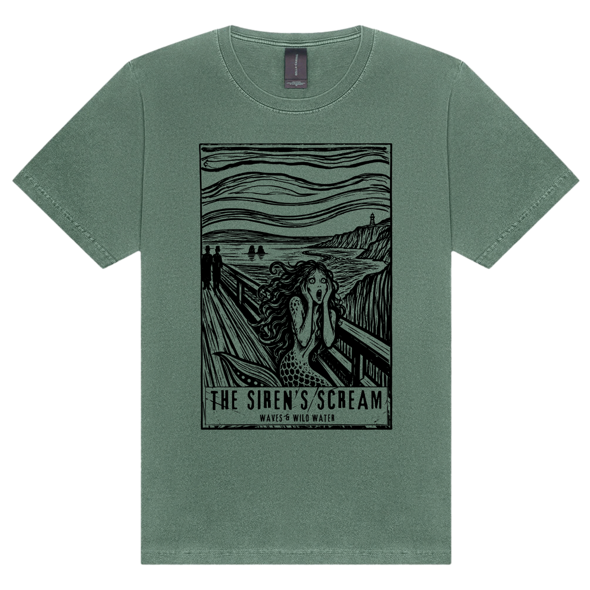 The Siren’s Scream washed cotton t-shirt in Sea Mist green, featuring a black hand screen-printed mermaid artwork inspired by Edvard Munch's The Scream. Hand printed in Wales and exclusive to Waves & Wild Water.