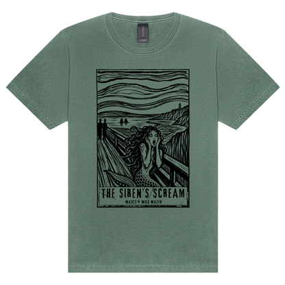 The Siren’s Scream washed cotton t-shirt in Sea Mist green, featuring a black hand screen-printed mermaid artwork inspired by Edvard Munch's The Scream. Hand printed in Wales and exclusive to Waves & Wild Water.