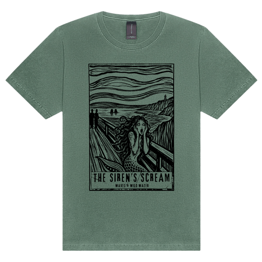The Siren’s Scream washed cotton t-shirt in Sea Mist green, featuring a black hand screen-printed mermaid artwork inspired by Edvard Munch's The Scream. Hand printed in Wales and exclusive to Waves & Wild Water.