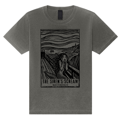 The Siren’s Scream washed cotton t-shirt in Storm Cloud grey, featuring a black hand screen-printed mermaid artwork inspired by Edvard Munch's The Scream. Hand printed in Wales and exclusive to Waves & Wild Water.