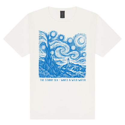 The Starry Sea off-white cotton t-shirt in Moonlight, featuring a blue hand screen-printed swirling night sky and coastal lighthouse inspired by Van Gogh's The Starry Night. Exclusively designed and hand printed by Waves & Wild Water, South Wales.