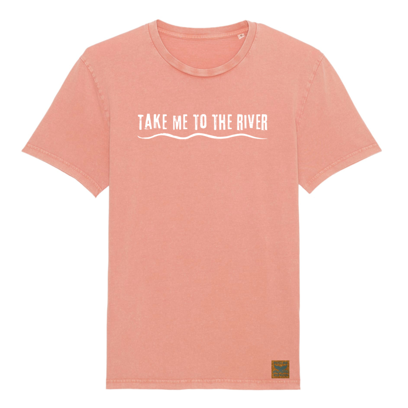 A pink t-shirt with the words 'Take me to the river' printed across the chest in white ink.