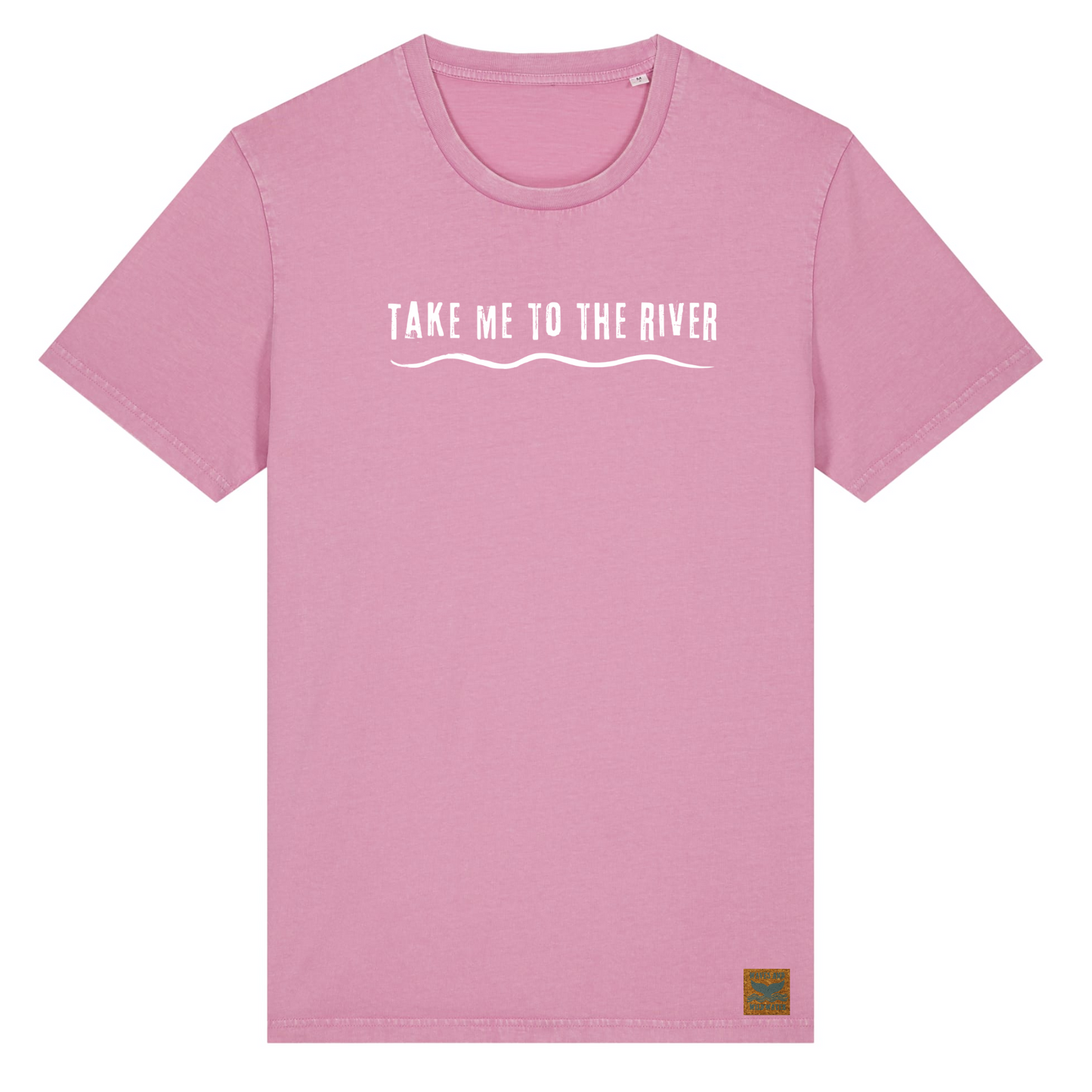 The a pink t-shirt with white text print on the front