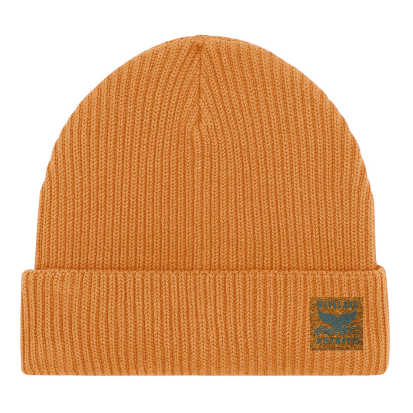 Autumn Sun burnt orange fisherman beanie hat with vegan cork 'leather' label. This bestselling hat from Waves and Wild Water is loved by wild swimmers, sea dippers, and the cold water community.