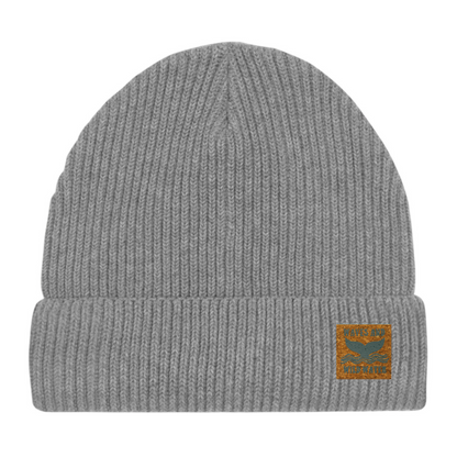 Frosty Morning grey fisherman beanie hat with vegan cork 'leather' label. This bestselling hat is loved by wild swimmers, sea dippers, and the cold water community.