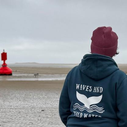 The back of the Fisherman Beanie in Sunset Blush. Wild swimmers and sea dippers love this hat for keeping the head warm before, during, and after an invigorating cold water plunge. 