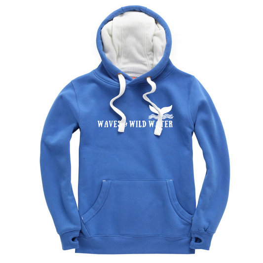 Waves and Wild Water ocean blue hoodie with white inner hood and matching white draw cord. The Waves and Wild Water logo is hand screen printed across the front in white water based ink. We love to cosy up in this hoodie after a cold water swim especially as it has thumb holes.