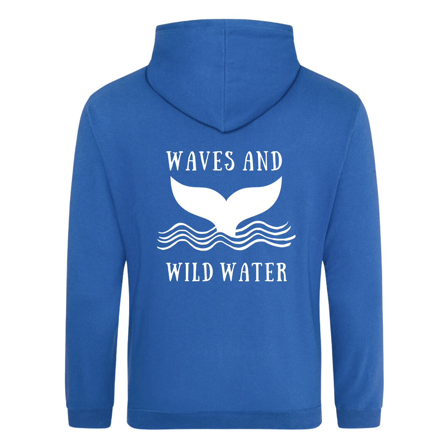 The back of the Waves and Wild Water ocean blue hoodie showing the large whale tail logo coming out of the waves. The logo is hand printed in white vegan ink and contrasts perfectly with the ocean blue of the hoodie, making this the go to choice for wild  simmers and sea dippers.
