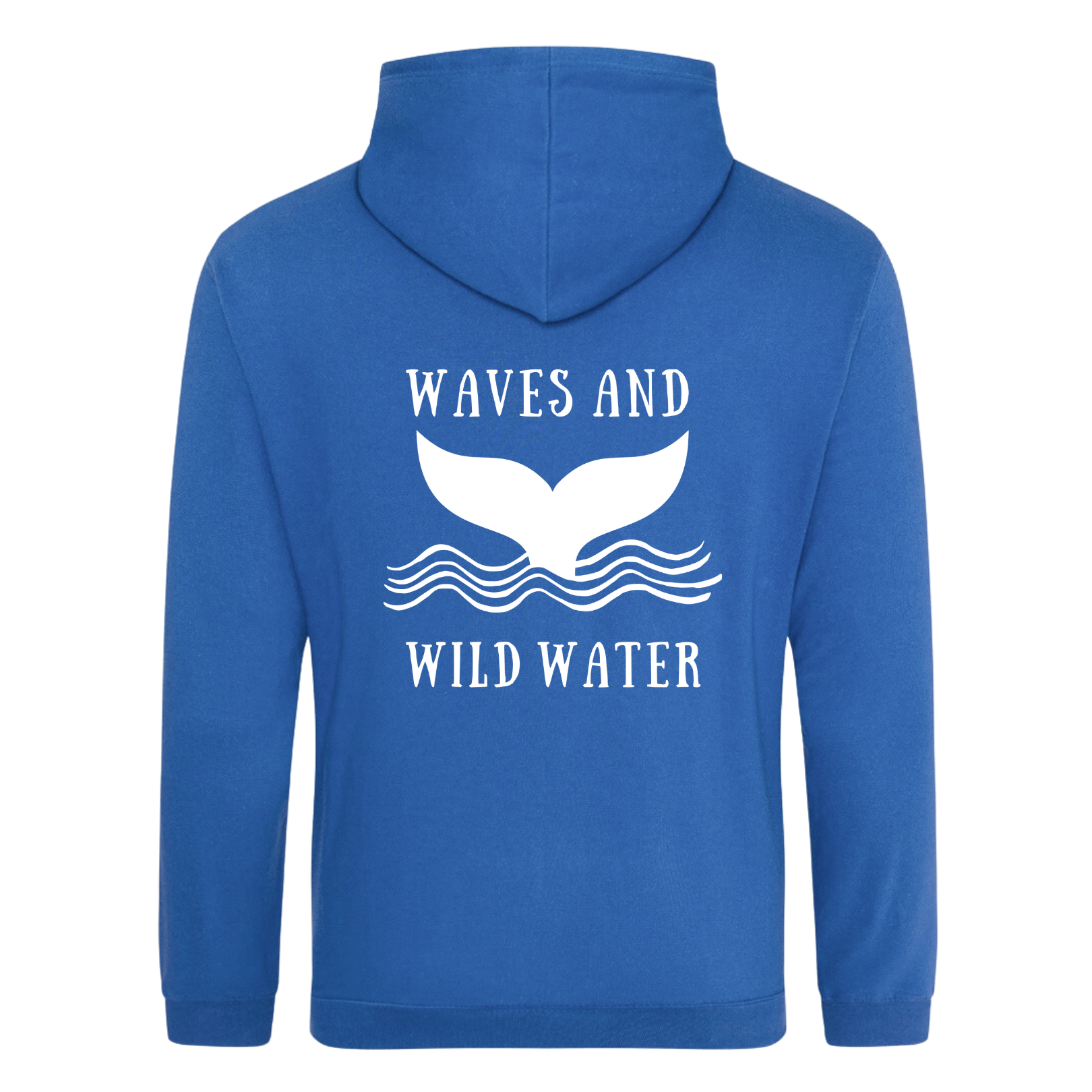 The back of the Waves and Wild Water ocean blue hoodie showing the large whale tail logo coming out of the waves. The logo is hand printed in white vegan ink and contrasts perfectly with the ocean blue of the hoodie, making this the go to choice for wild  simmers and sea dippers.