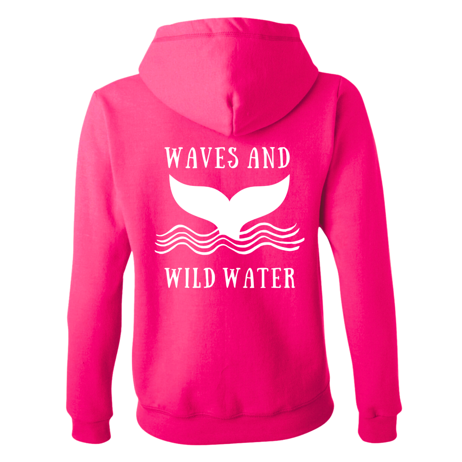 The back of the Waves and Wild Water sunset pink hoodie showing the large whale tail logo coming out of the waves. The logo is hand printed in white vegan ink and contrasts perfectly with the bright pink of the hoodie, making this the go to choice for wild  simmers and sea dippers.