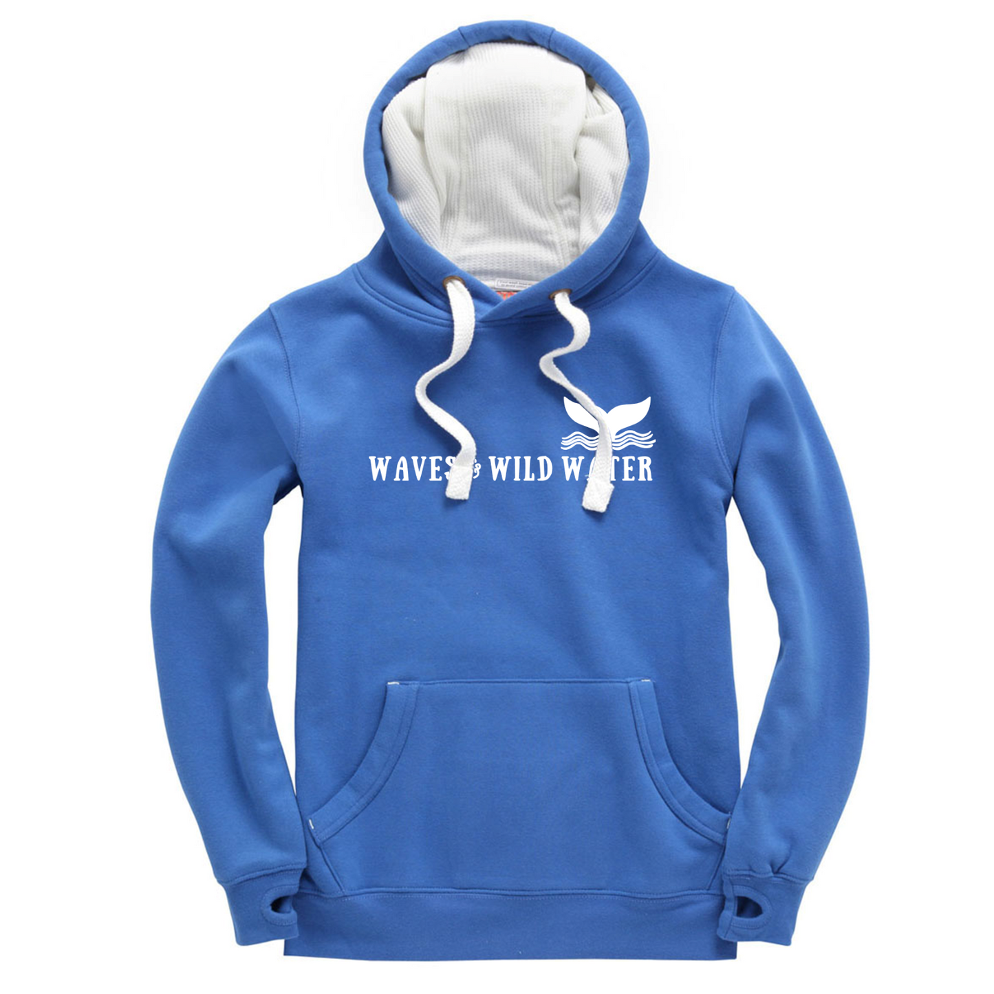 Waves and Wild Water Swimmer Blue hoodie with white inner hood and matching white draw cord. The Waves and Wild Water logo is hand screen printed across the front in white water based ink. We love to cosy up in this hoodie after a cold water swim especially as it has thumb holes.