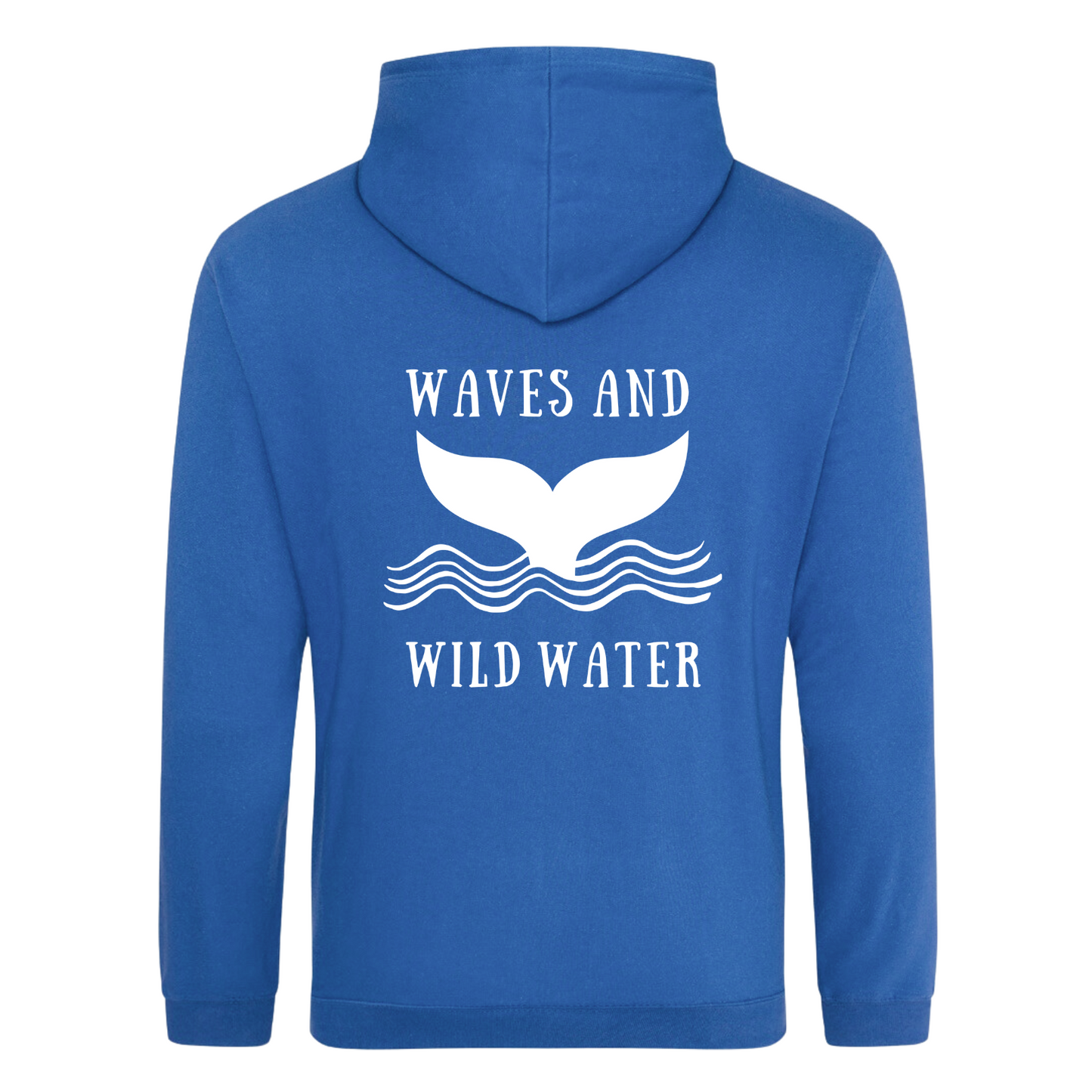 The back of the Waves and Wild Water Swimmer Blue hoodie showing the large whale tail logo coming out of the waves. The logo is hand printed in white vegan ink and contrasts perfectly with the ocean blue of the hoodie, making this the go to choice for wild  simmers and sea dippers.