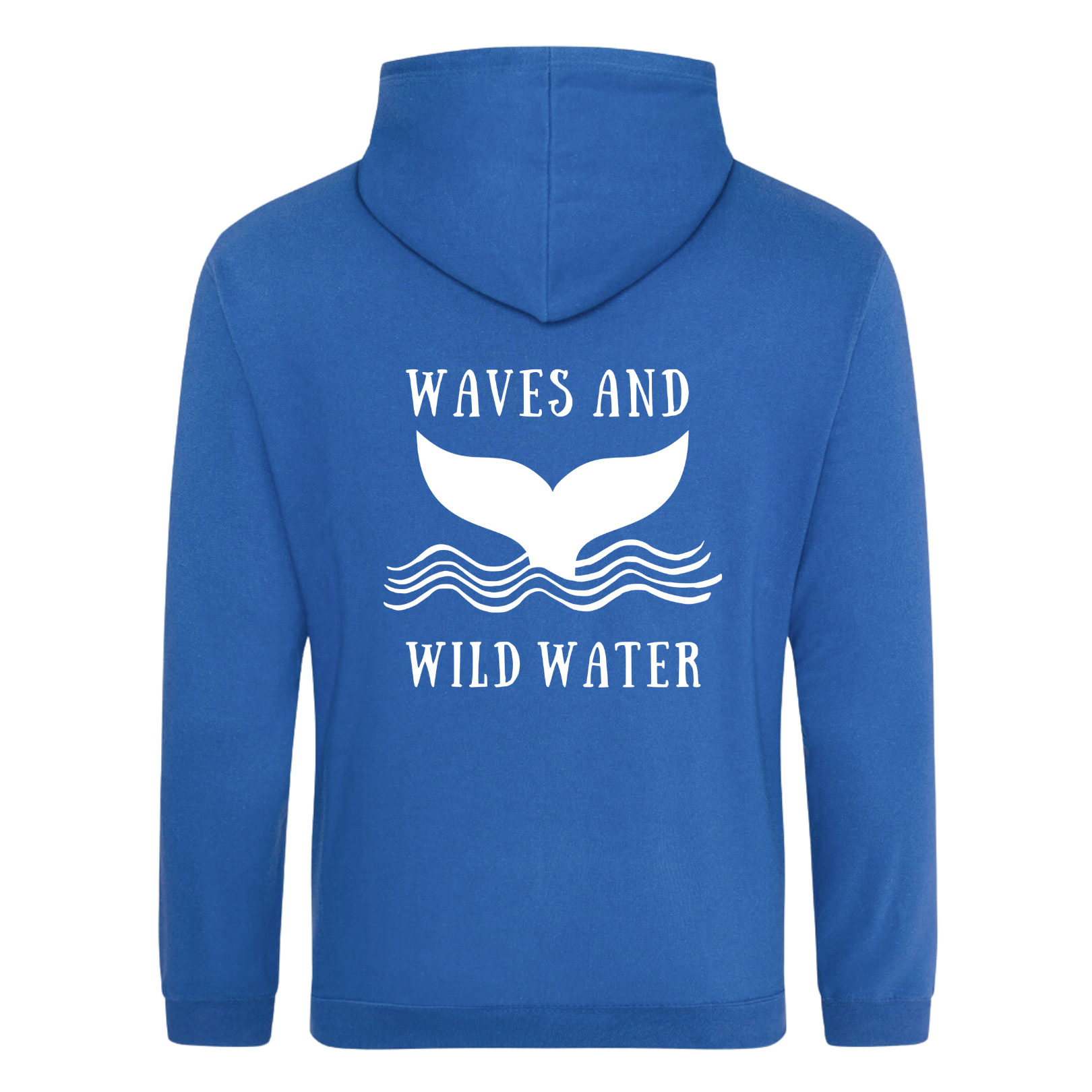 The back of the Waves and Wild Water Swimmer Blue hoodie showing the large whale tail logo coming out of the waves. The logo is hand printed in white vegan ink and contrasts perfectly with the ocean blue of the hoodie, making this the go to choice for wild  simmers and sea dippers.