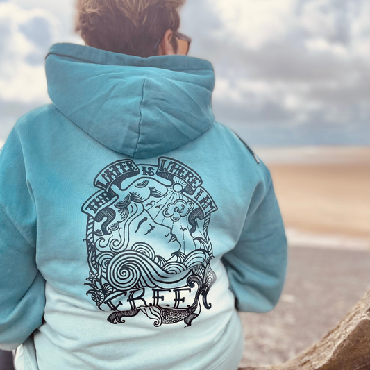 Waves and Wild Water beautiful ombre hoodie with hand drawn illustration depicting the serene face of a woman in the waves.