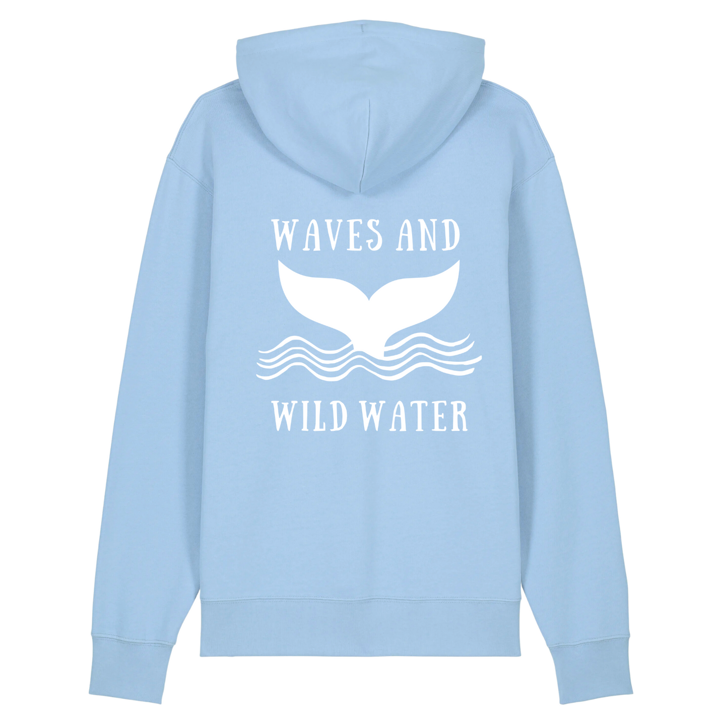 This sky blue hoodie from the Beach Hut Hoodies collection with a white hand printed Waves and Wild Water logo on the back, is just perfect for us to pop on after a bracing cold water swim.