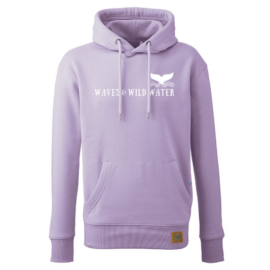 Our Beach Hut Hoodie in stunning soft lavender with the Waves and Wild Water logo and text hand printed in white. We love wearing this hoodie after a cold water dip, it's like a warming hug.
