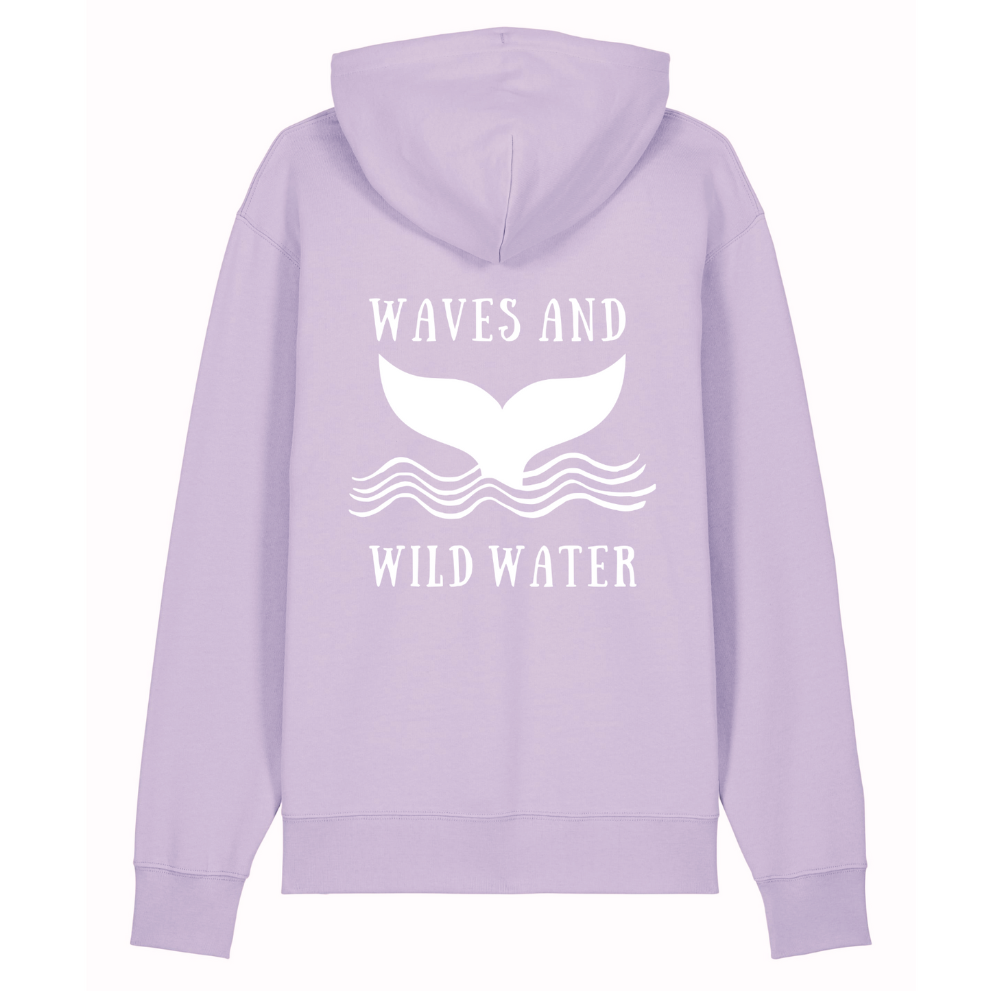 The beautiful lavender shade of this Beach Hut Hoodie compliments the white hand printed Waves and Wild Water logo perfectly. The logo depicts a large whale tail emerging from the waves, making this hoodie a great gift for any wild swimmer looking for something a little different.