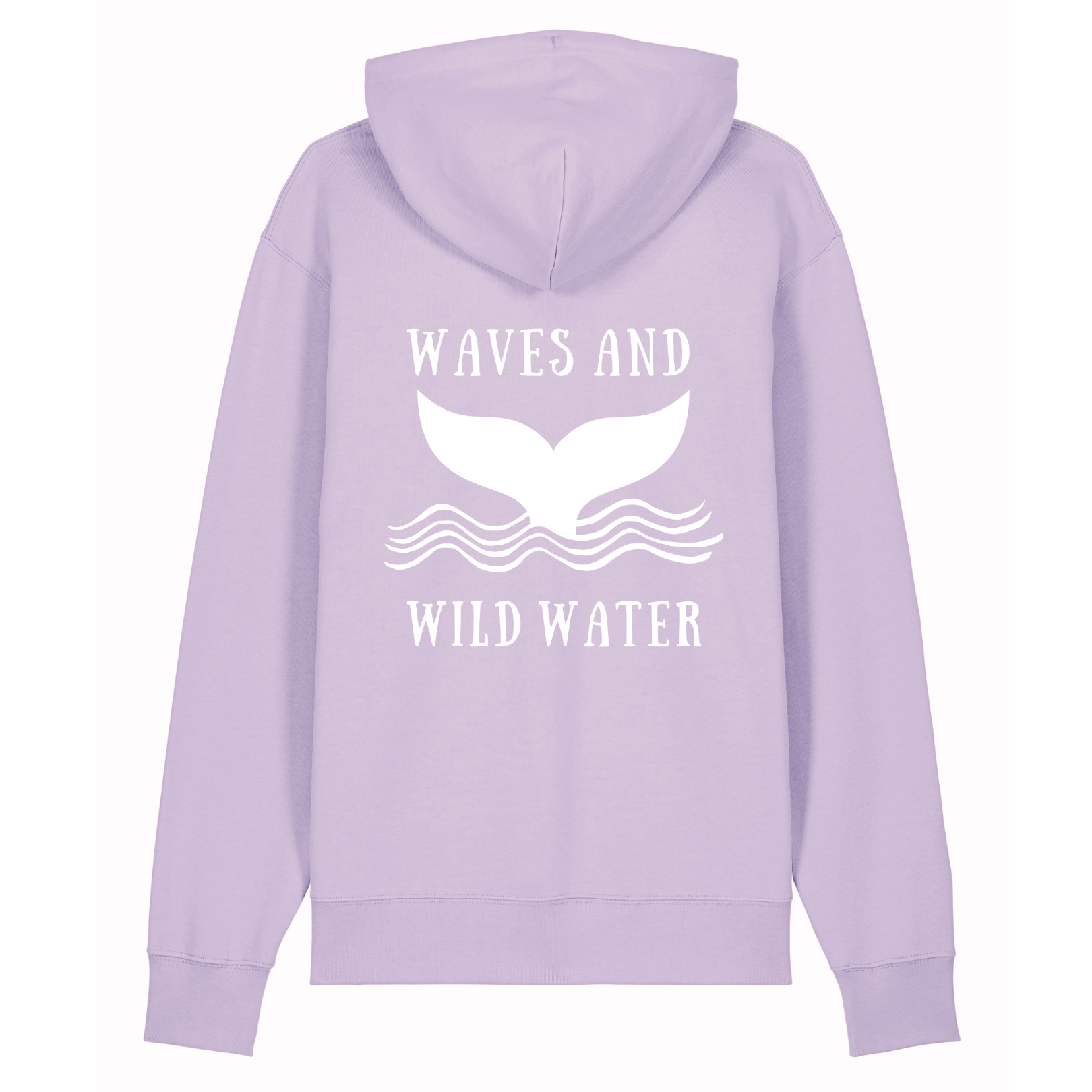 The beautiful lavender shade of this Beach Hut Hoodie compliments the white hand printed Waves and Wild Water logo perfectly. The logo depicts a large whale tail emerging from the waves, making this hoodie a great gift for any wild swimmer looking for something a little different.