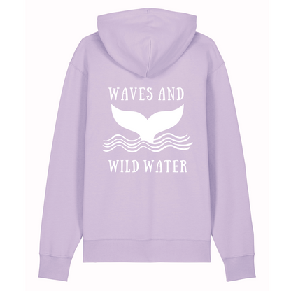 The beautiful lavender shade of this Beach Hut Hoodie compliments the white hand printed Waves and Wild Water logo perfectly. The logo depicts a large whale tail emerging from the waves, making this hoodie a great gift for any wild swimmer looking for something a little different.