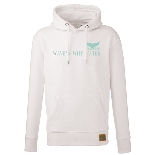 Loving this new hoodie from the Beach Hut Hoodies collection. Our Waves and Wild Water logo and text is printed across the front of the natural coloured hoodie in the brand colours of teal blue ink. This hoodie would be a great gift for any wild swimmer or sea dipper.
