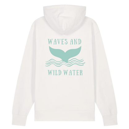 Introducing our natural coloured Beach Hut Hoodie with Waves and Wild Water logo on the back in teal chemical free ink. We just love wearing ours after a cold water dip.