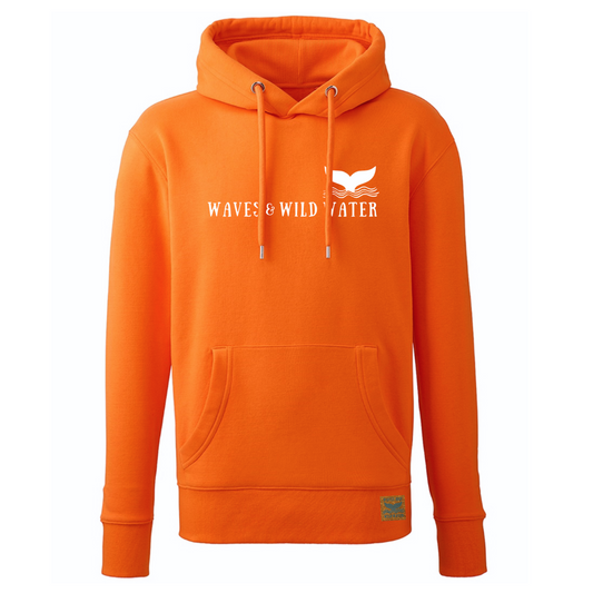 This is our fabulous vivid orange hoodie with matching inner hood and draw cords. The Waves and Wild Water name and logo is hand screen printed across the front in white water based ink. We love to stand out from the crowd after our sea dip or wild swim by wearing our bright orange hoodie from the Beach Hut Hoodies collection.