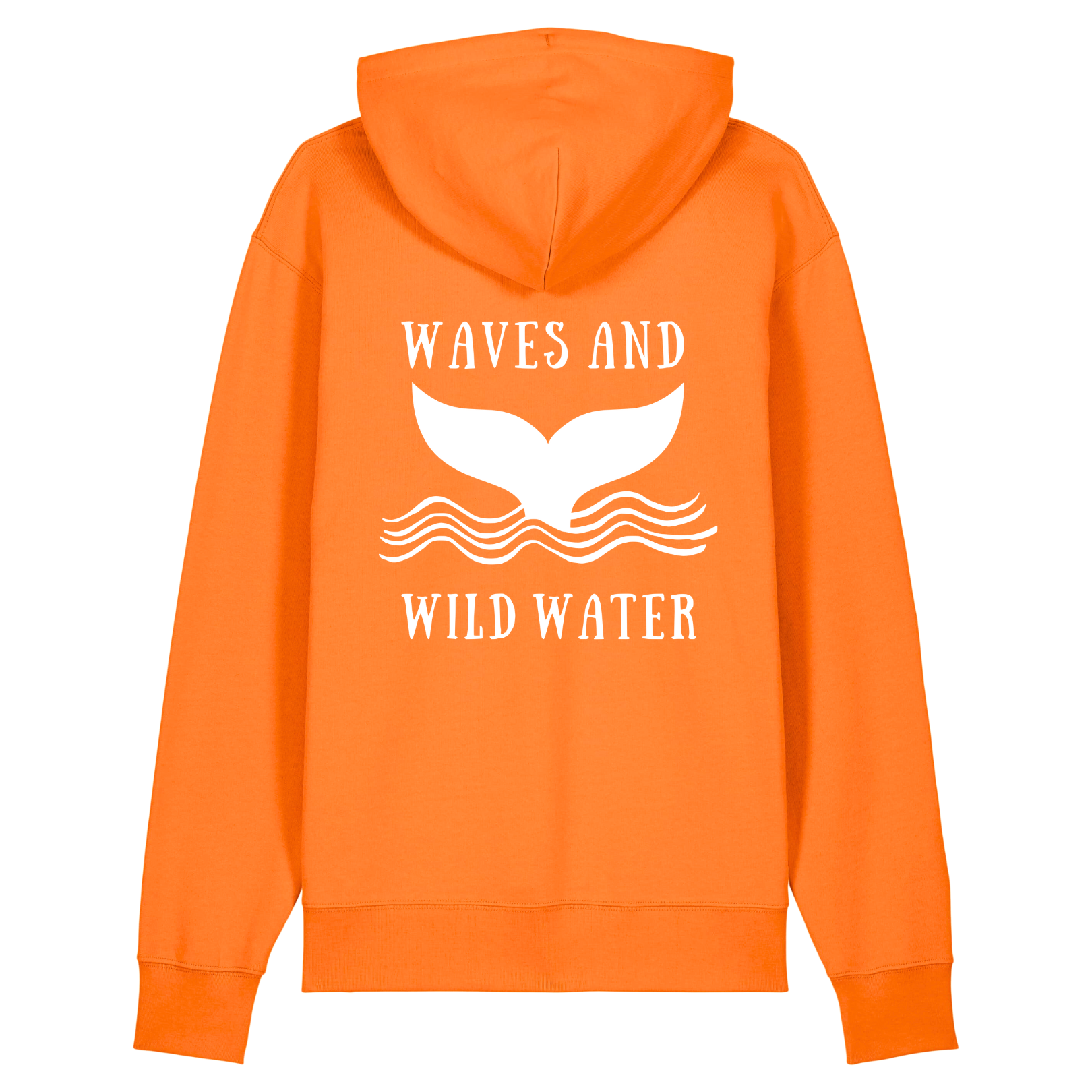 The back of our Beach Hut Hoodie in bright orange with a large Waves and Wild Water logo hand printed in white vegan ink across the back. The logo depicts a majestic whale tail emerging from the waves and we like to pop ours on to cosy up after an invigorating dip in the sea.