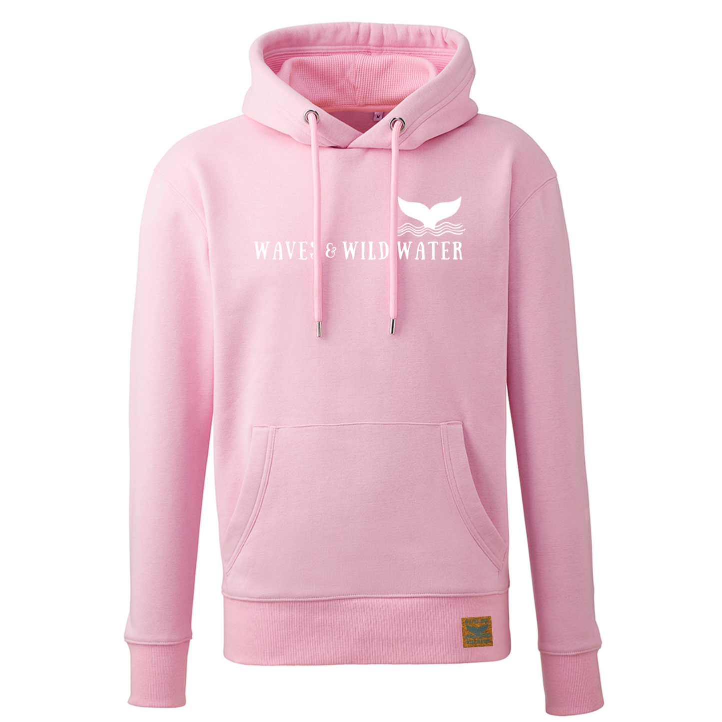 This is a gorgeous pink hoodie from our Beach Hut Hoodies collection. It has a same colour inner hood and draw cord, and has the Waves and Wild Water name and whale tail logo printed across the front in white chemical free ink. Inspired by the British coast and perfect for warming up after a dip in the sea.