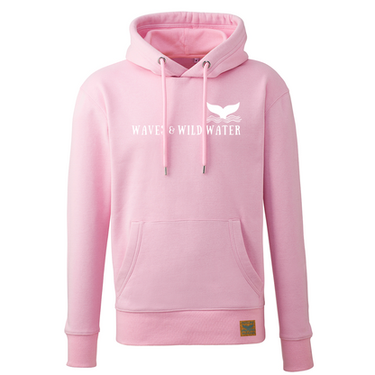 This is a gorgeous pink hoodie from our Beach Hut Hoodies collection. It has a same colour inner hood and draw cord, and has the Waves and Wild Water name and whale tail logo printed across the front in white chemical free ink. Inspired by the British coast and perfect for warming up after a dip in the sea.
