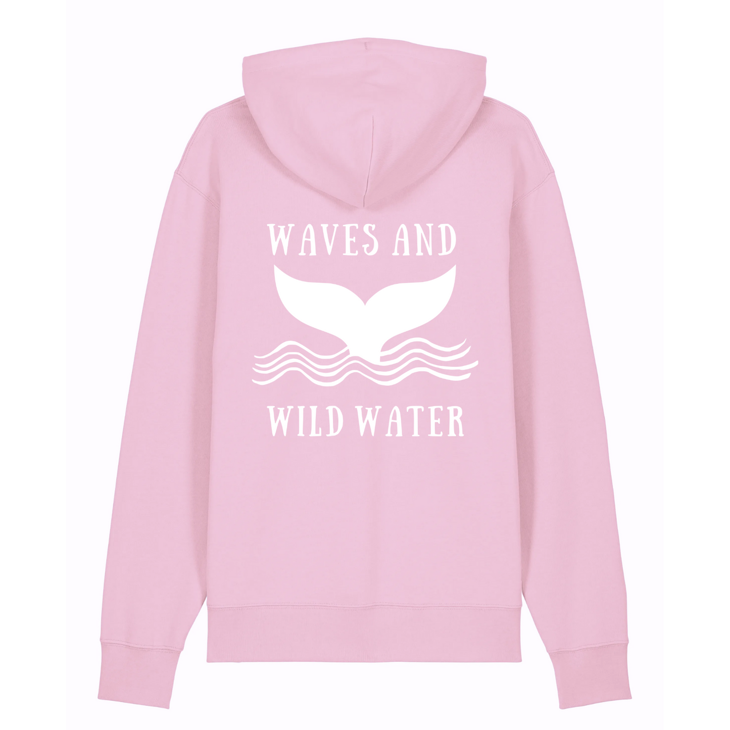 At Waves and Wild Water we all love this pink organic cotton and recycled polyester hoodie from our Beach Hut Hoodies collection. The image shows the back of the hoodie with a large Waves and Wild Water logo depicting a whale tail emerging from the waves hand printed in white vegan ink. We think it is perfect if you love water adventures too.