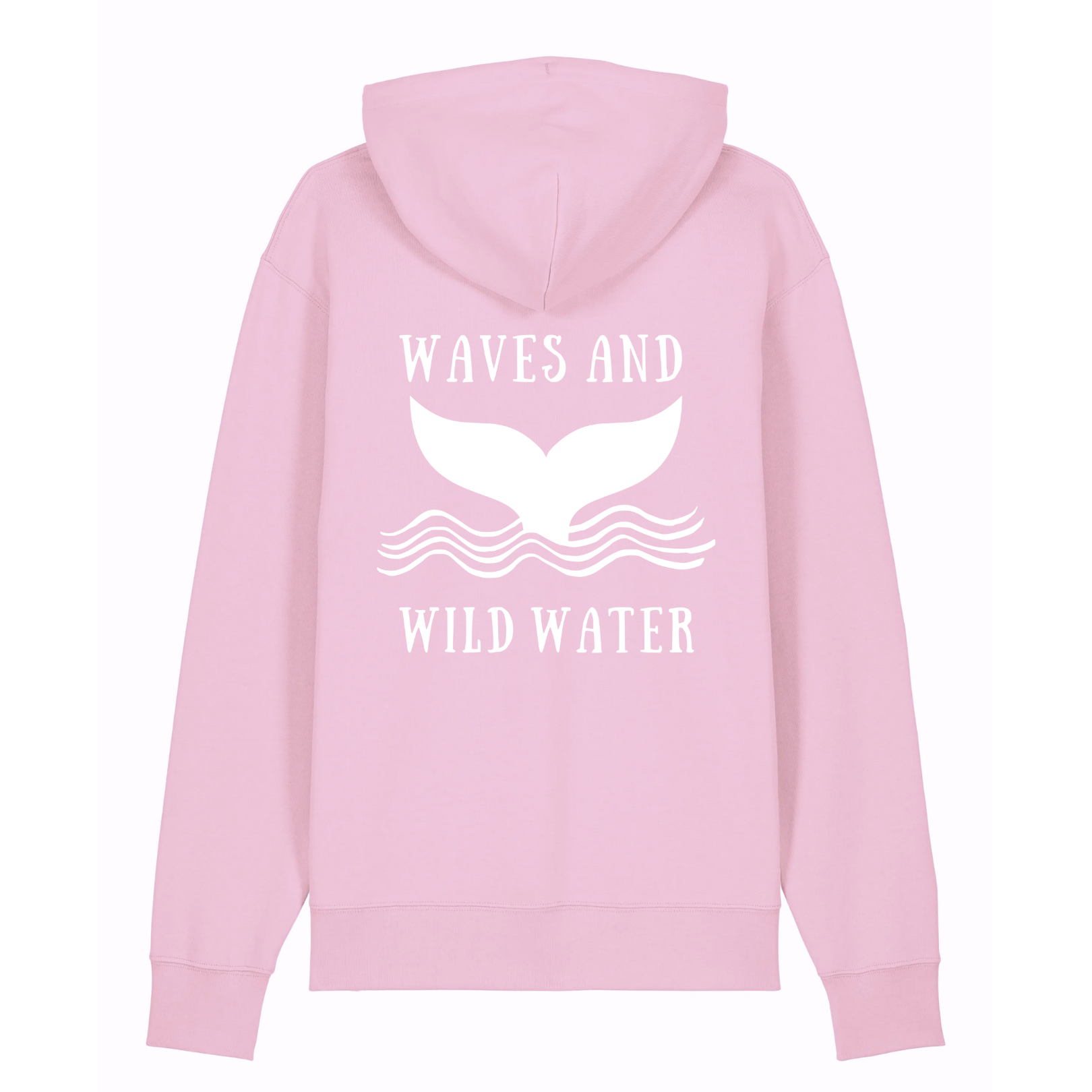 At Waves and Wild Water we all love this pink organic cotton and recycled polyester hoodie from our Beach Hut Hoodies collection. The image shows the back of the hoodie with a large Waves and Wild Water logo depicting a whale tail emerging from the waves hand printed in white vegan ink. We think it is perfect if you love water adventures too.